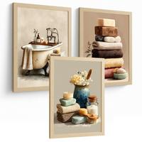 POSTER 3er-Set dekorative Badezimmerbilder, Wanddekoration, natürlichen, für Toilette, mit Handtüchern, Kerzen und Seifen Leichter Holzrahmen A3 - Beige, Papier (42/29.7/3cm) - Nacnic