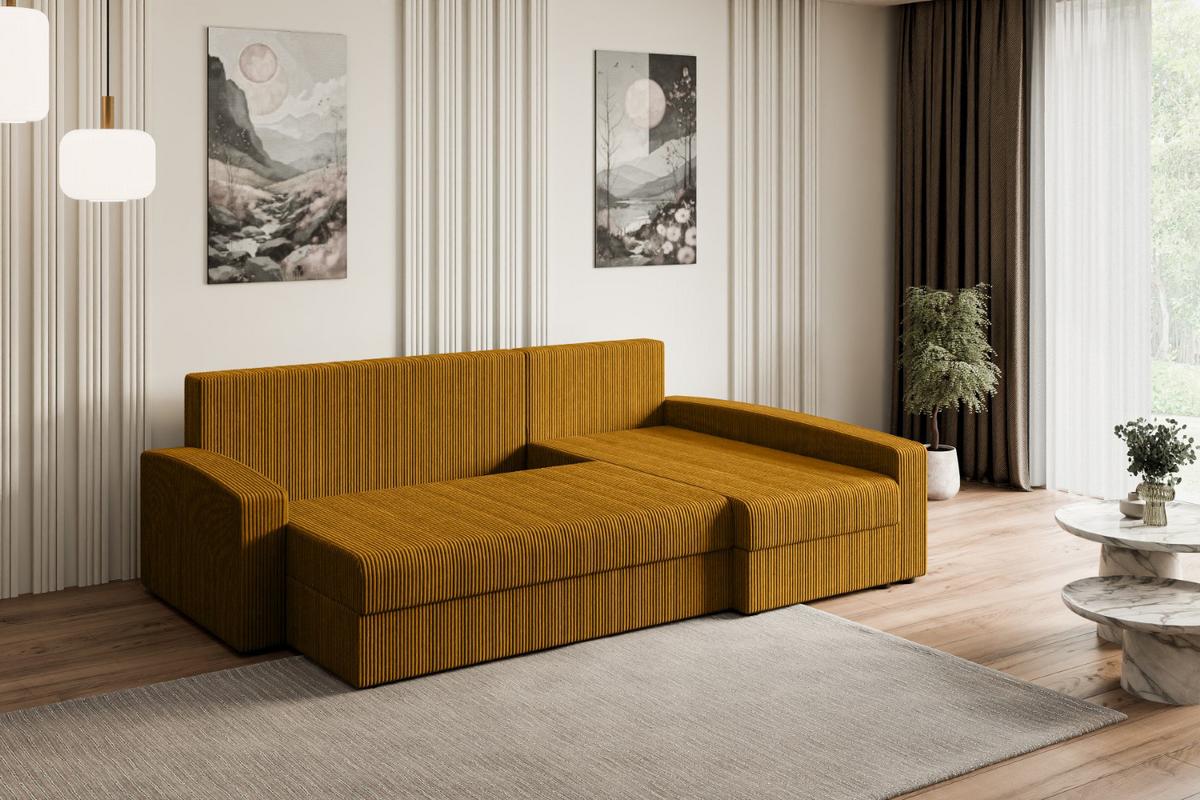 ECKSOFA mit Schlaffunktion und Bettkasten ALESIA-L 231x140x90 cm Senfgelb Cord - Gelb/Silberfarben, Holzwerkstoff/Kunststoff (231/140cm) - ALTDECOR