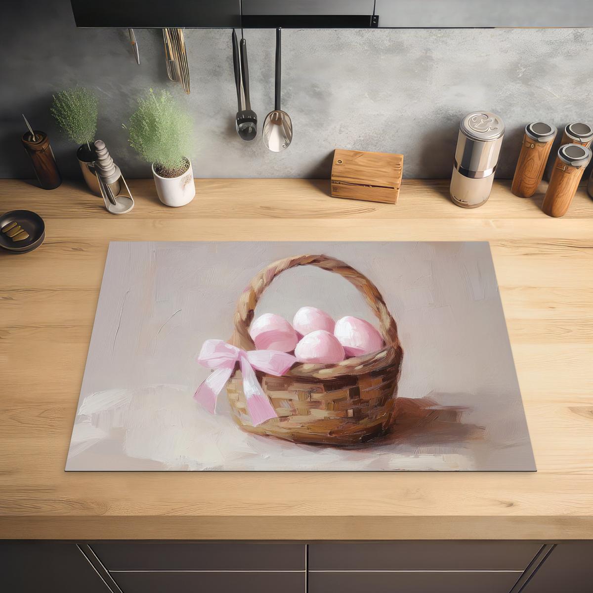HERDABDECKPLATTE Korb - Eier - Rosa Herdabdeckung Induktionsfeld 75x52 cm - Beige, Kunststoff (75/52/0.2cm) - MuchoWow