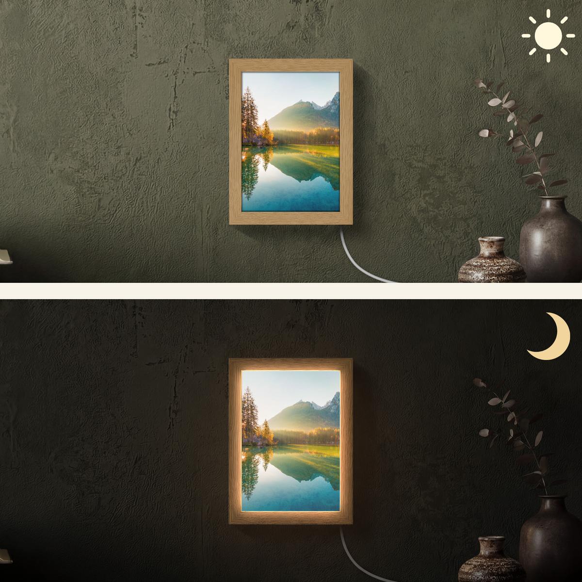WANDLEUCHTE See - Wald - Berge - Natur - Sonne - Landschaft 15x20 cm - Grün, Holzwerkstoff (15/20/8cm) - OnlyWow