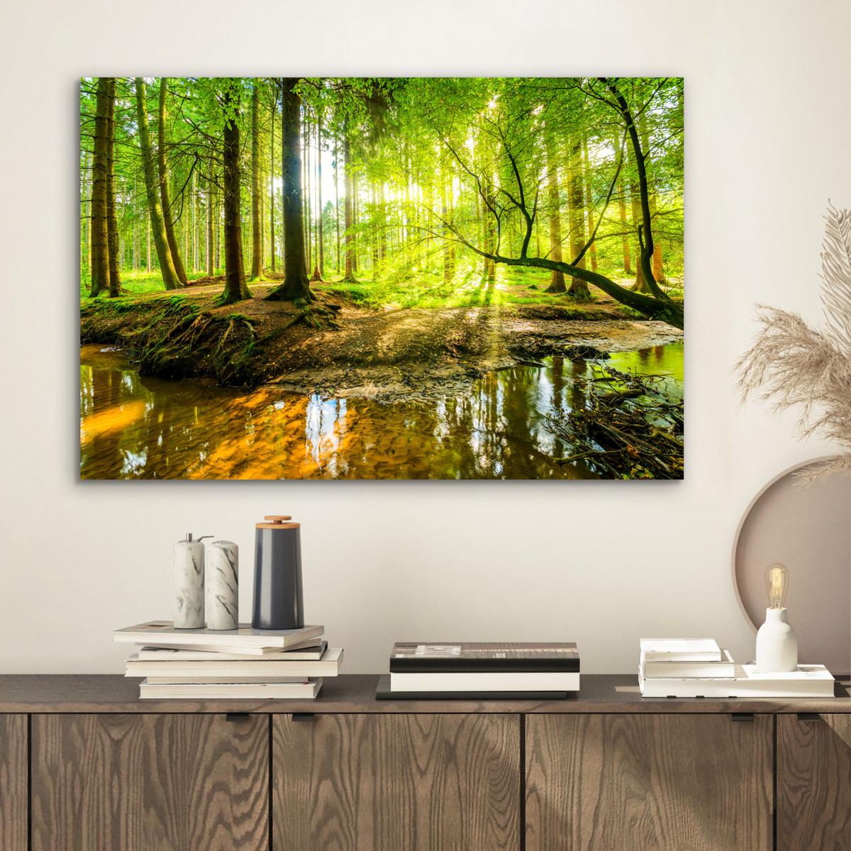 METALLBILD Wald - Landschaft - Wasser - Bäume - Sonne - Grün - Natur Wandbild 60x40 cm - Grün, Metall (60/40cm) - MuchoWow