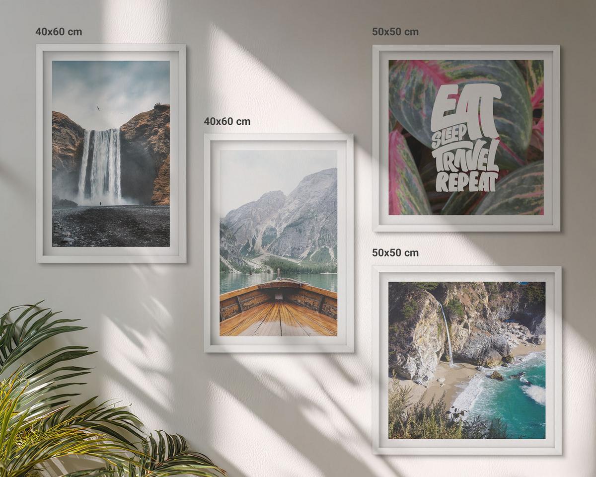BILDER SET 4er Set - 50x50 cm & 40x60 cm Weißer Rahmen - Wasserfall Bergreise Natur - Weiß, Kunststoff (50/50cm) - TULUP