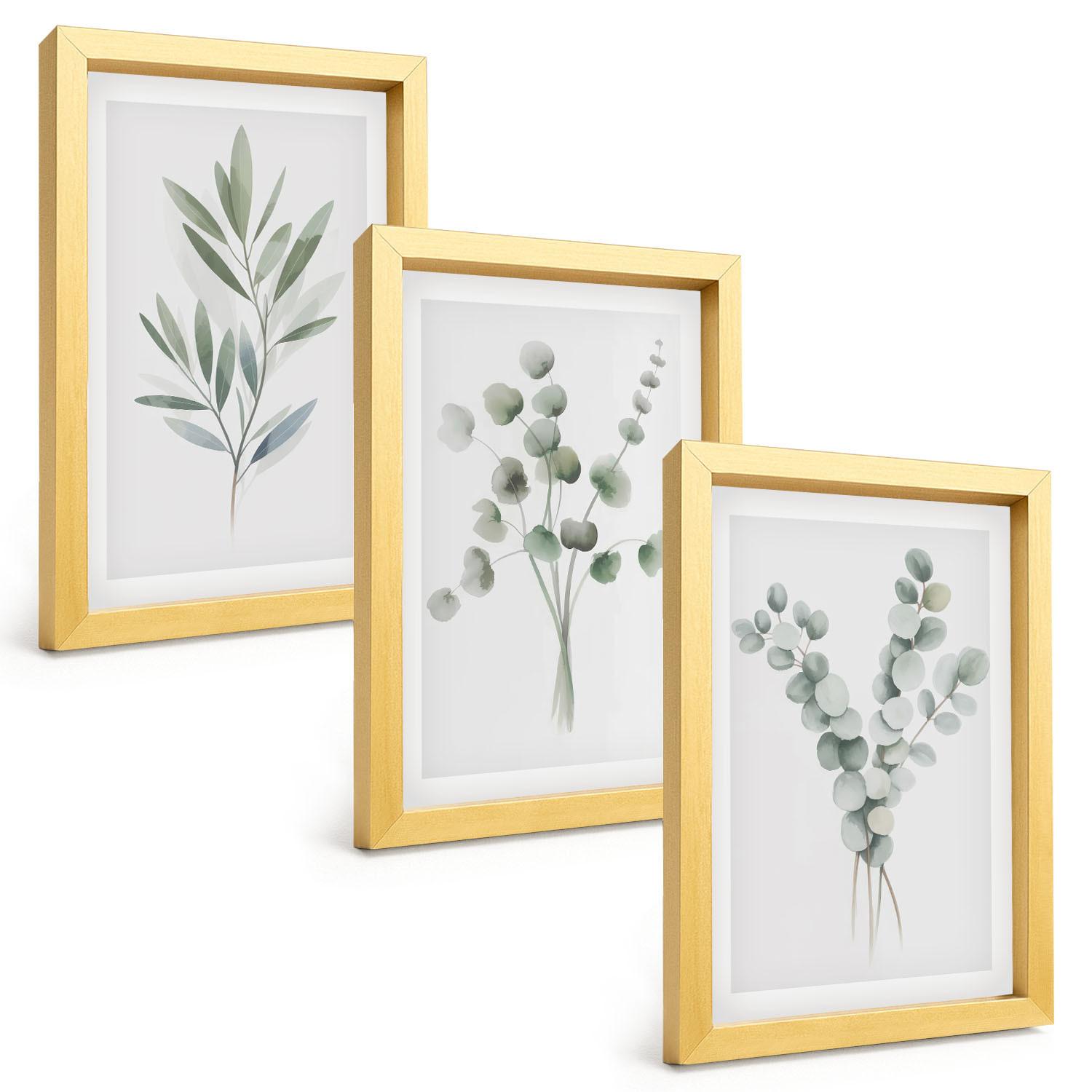 BILDER SET 3er Set - 20x30 cm Goldrahmen - Pflanzenmuster mit Grün - Goldfarben, Kunststoff (20/30cm) - TULUP
