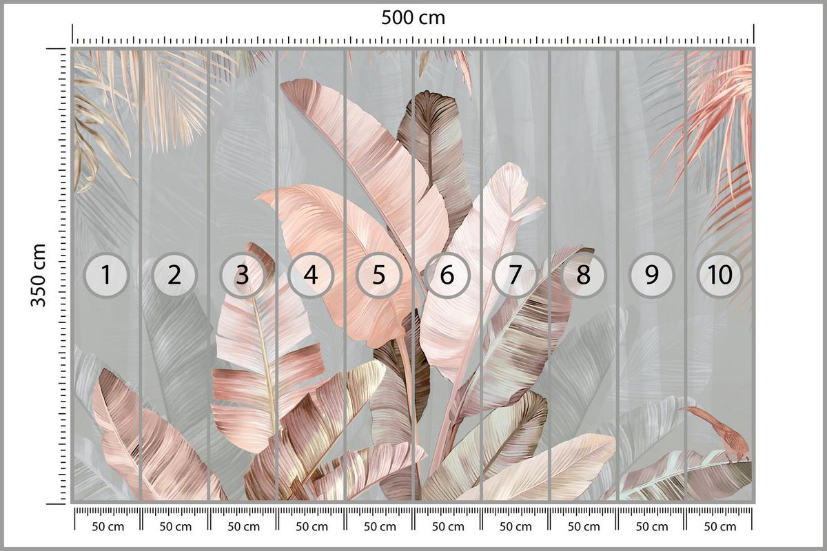 FOTOTAPETE für Esszimmer Tropische Pastell Bananenblätter 500x350 - Beige/Rosa, Papier (500/350cm) - Muralo