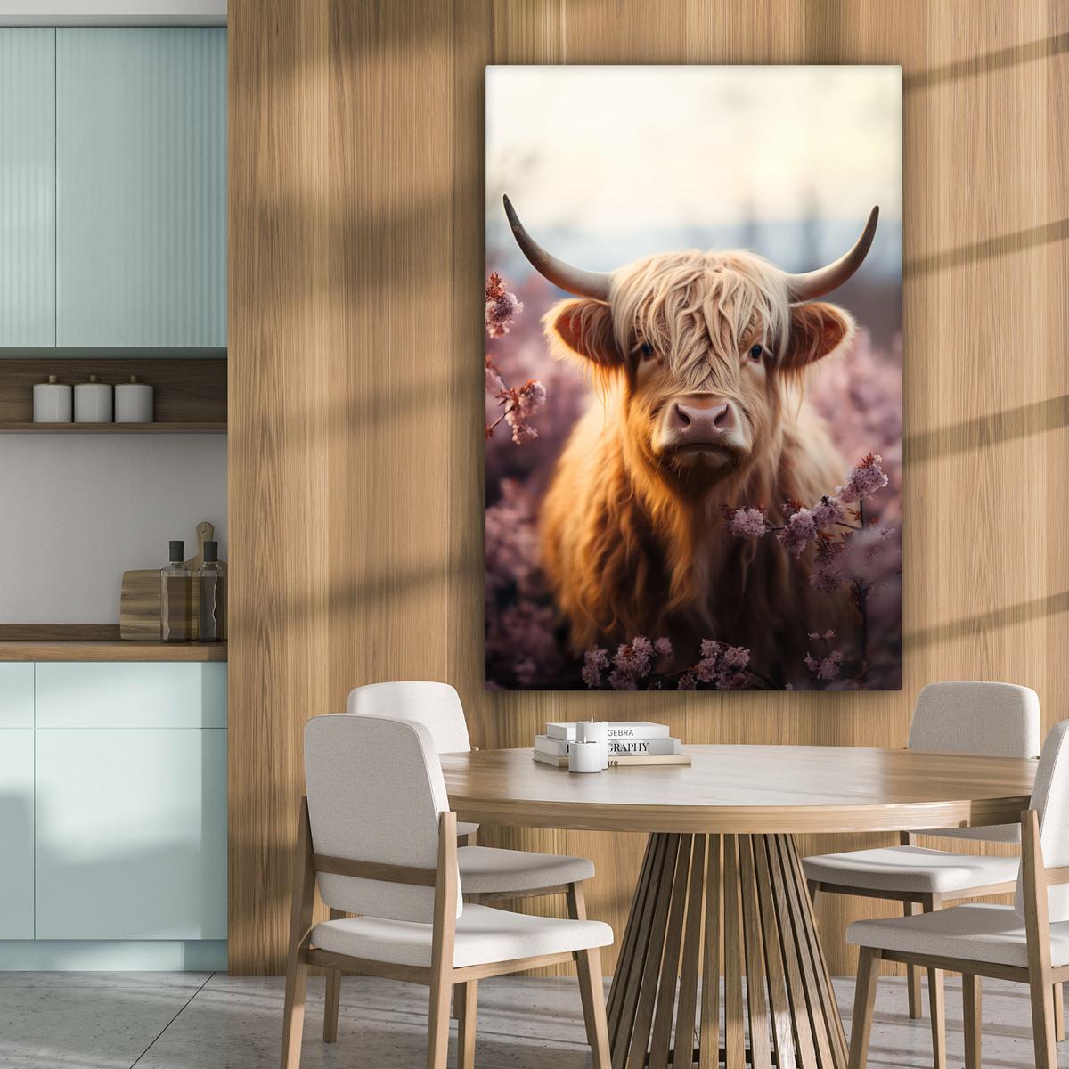 LEINWANDBILD Schottischer Hochländer - Frühling - Hochland Deko XXL 80x120 cm - Hellrosa, Textil (80/120cm) - MuchoWow