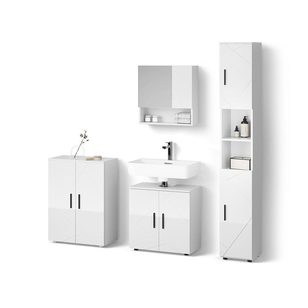 BADMÖBEL-SET Ronco Weiß Hochglanz 4 Teile, mit Hochschrank und Kommode - Weiß Hochglanz, Holzwerkstoff (60/192/30cm) - Livinity®