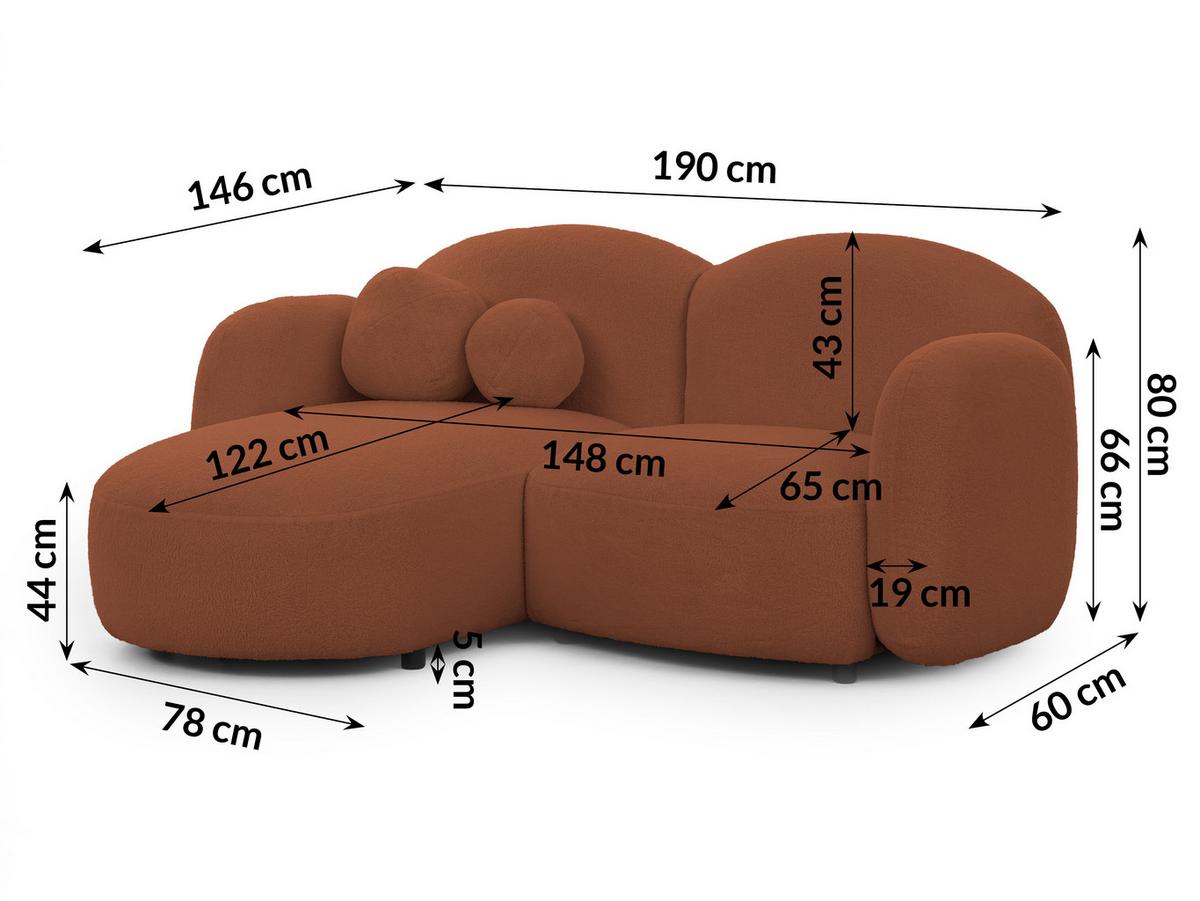 ECKSOFA Nuvola mit abgerundetem Design Terrakotta Bouclé-Stoff - Ottomane Links - Terracotta/Schwarz, Holz/Kunststoff (190/146cm) - S-Style Möbel