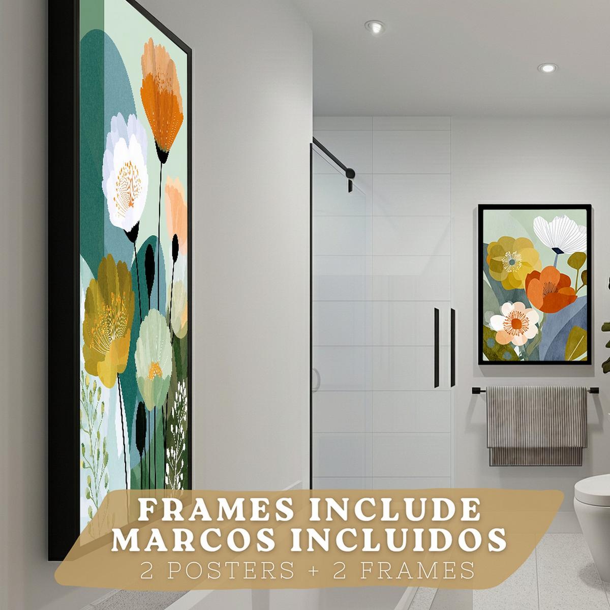 POSTER 2er-Set dekorative Badezimmerdrucke, moderne florale Wandposter für Waschbecken, Dusche, abstrakte florale, nordischer Stil Schwarzer Rahmen A4 - Schwarz, Papier (29.7/21/3cm) - Nacnic