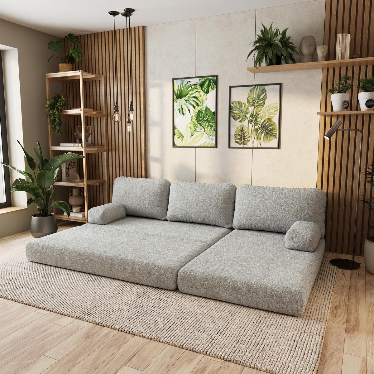 ECKSOFA LEA modulares Boneless Sofa mit Schlaffunktion Hellgrau Boucle-Stoff - Hellgrau, Textil (270/160cm) - MASSENO