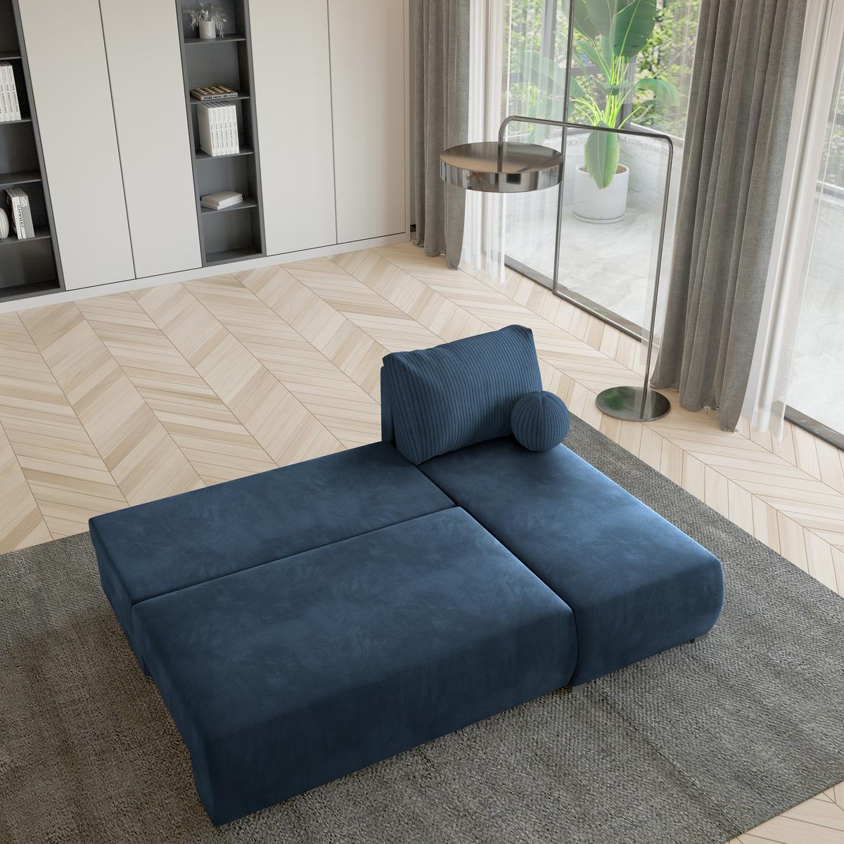 ECKSOFA PARVELO Blau Plüsch-Stoff mit Schlaffunktion - Blau, Holz (200/143cm) - MASSENO