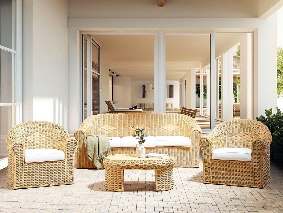 LOUNGE SET 5-Sitzer Rattan naturfarben Auflagen weiß Fracasti - Naturfarben, Naturmaterialien - Beliani