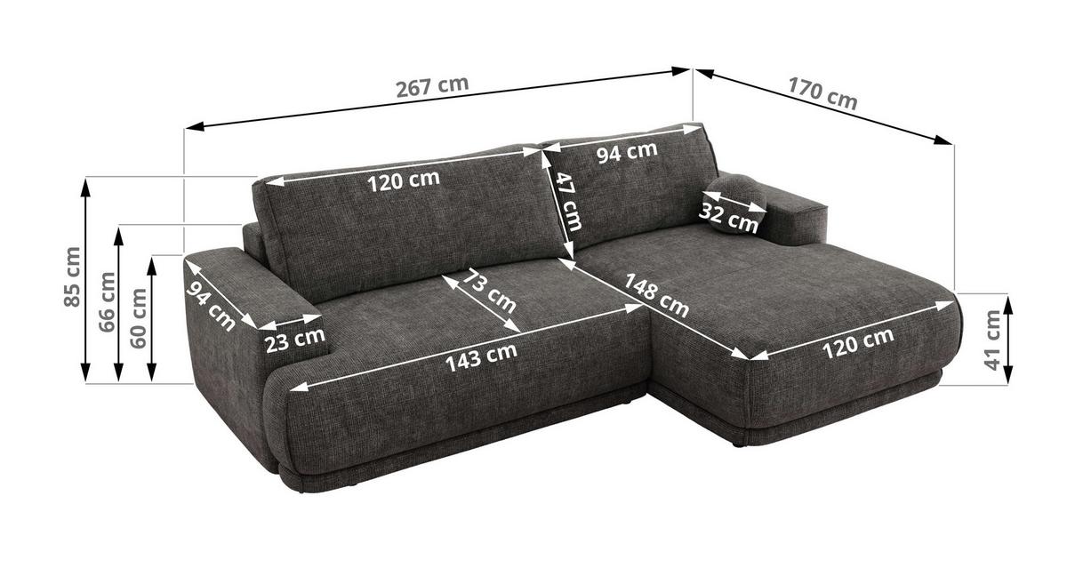 ECKSCHLAFSOFA RINA L Grau Schenille grob gewebt - rechts - Schwarz/Grau, Kunststoff/Textil (170/267cm) - MKS