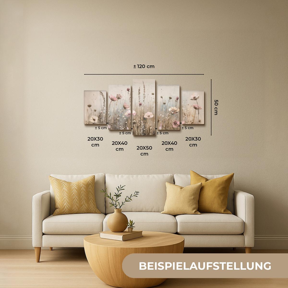 LEINWANDBILD 5er Set Blumen - Beige - Modern - Rosa 100x50 cm - Ecru, Textil (100/50cm) - MuchoWow