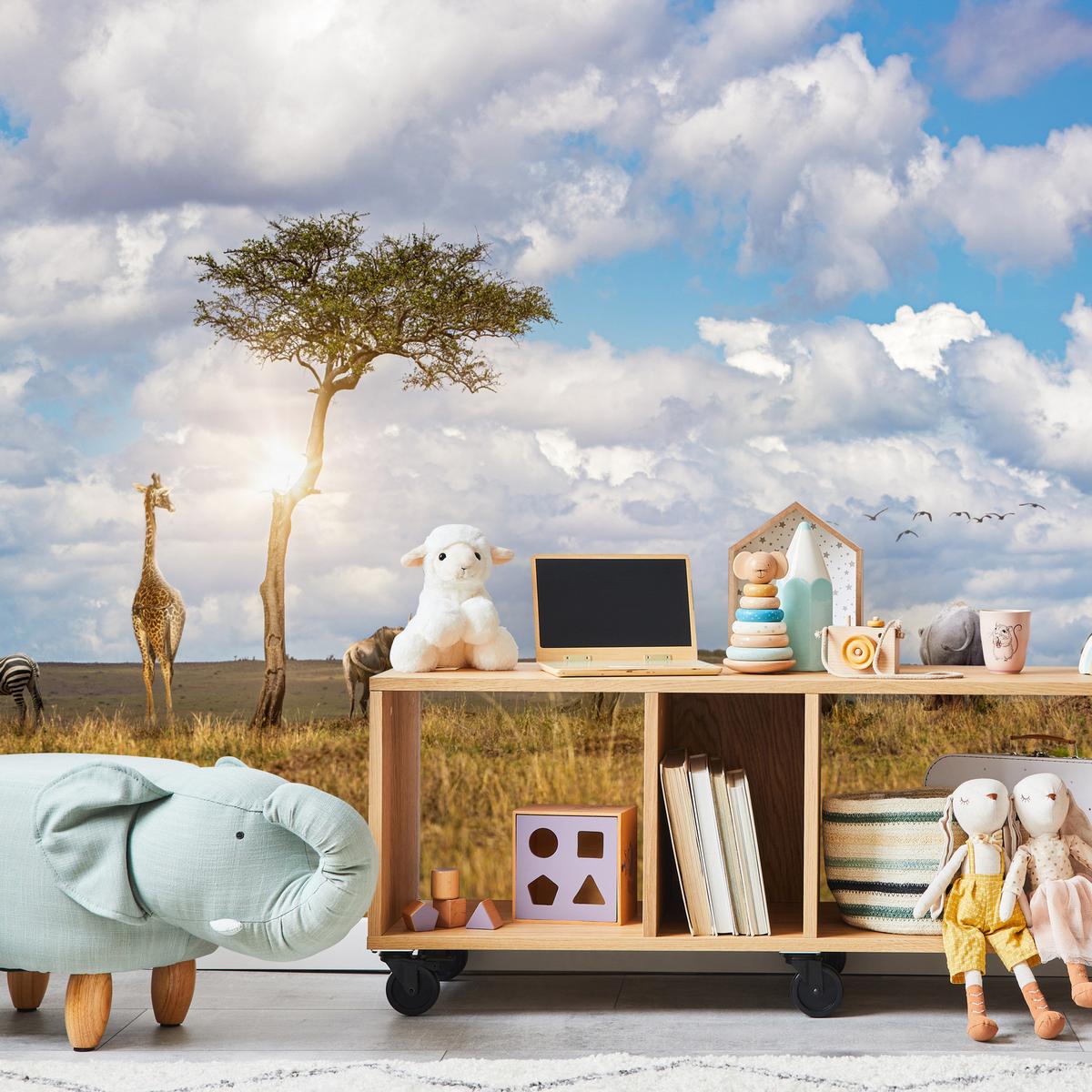 FOTOTAPETE für Kinderzimmer Safari Tiere Elefant Giraffe Löwe 200x140 - Beige/Braun, Papier (200/140cm) - Muralo