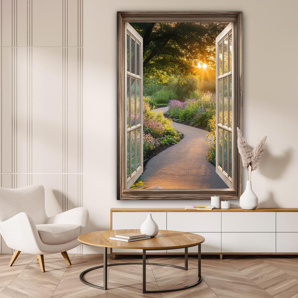 LEINWANDBILD Aussicht - Blumen - Natur - Sonne - Weg Deko Groß 90x140 cm - Hellgelb, Textil (90/140cm) - MuchoWow