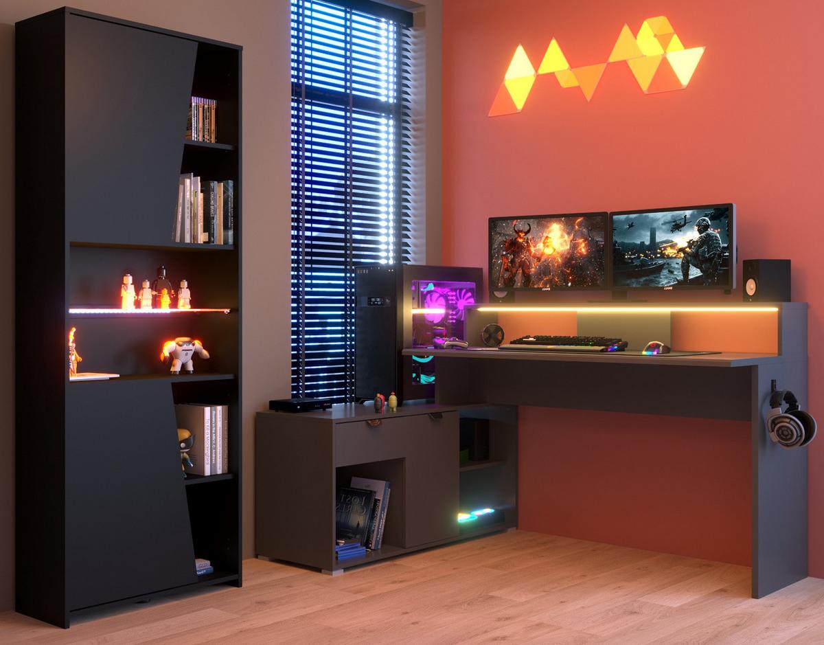 GAMINGTISCH schwarz, grau 229 cm, Gamer Winkelschreibtisch inkl. LED mit Farbwechsel - Schwarz/Grau, Holzwerkstoff/Kunststoff (60/229/95cm) - Parisot Meuble