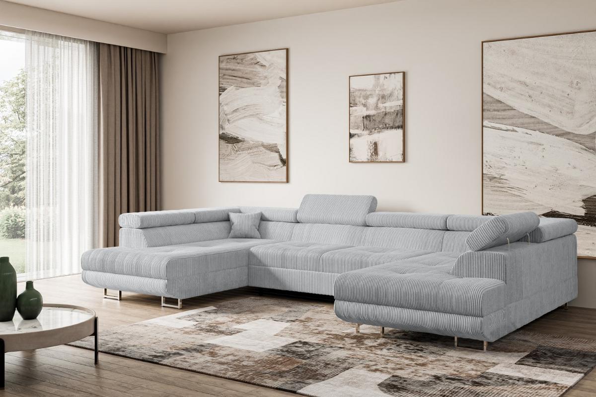 WOHNLANDSCHAFT mit Schlaffunktion und Bettkasten GUSA-U 342x202x107 cm Grau Cord - Silberfarben/Grau, Holzwerkstoff/Textil (342/107/202cm) - ALTDECOR