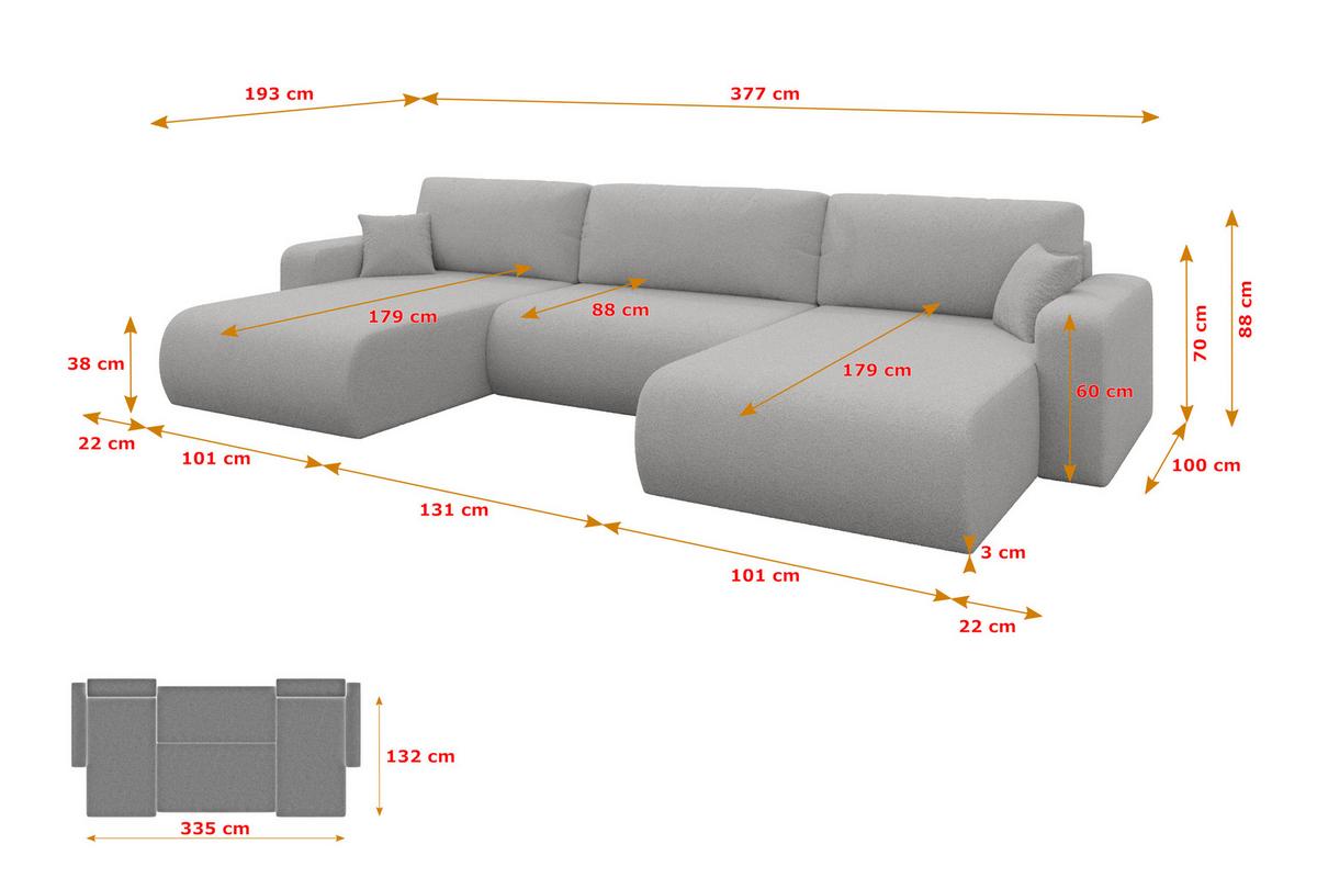 WOHNLANDSCHAFT mit Schlaffunktion und Bettkasten BERY-U 377x193x88 Hellgrau Bouclé - Silberfarben/Hellgrau, Holzwerkstoff/Kunststoff (377/88/193cm) - ALTDECOR