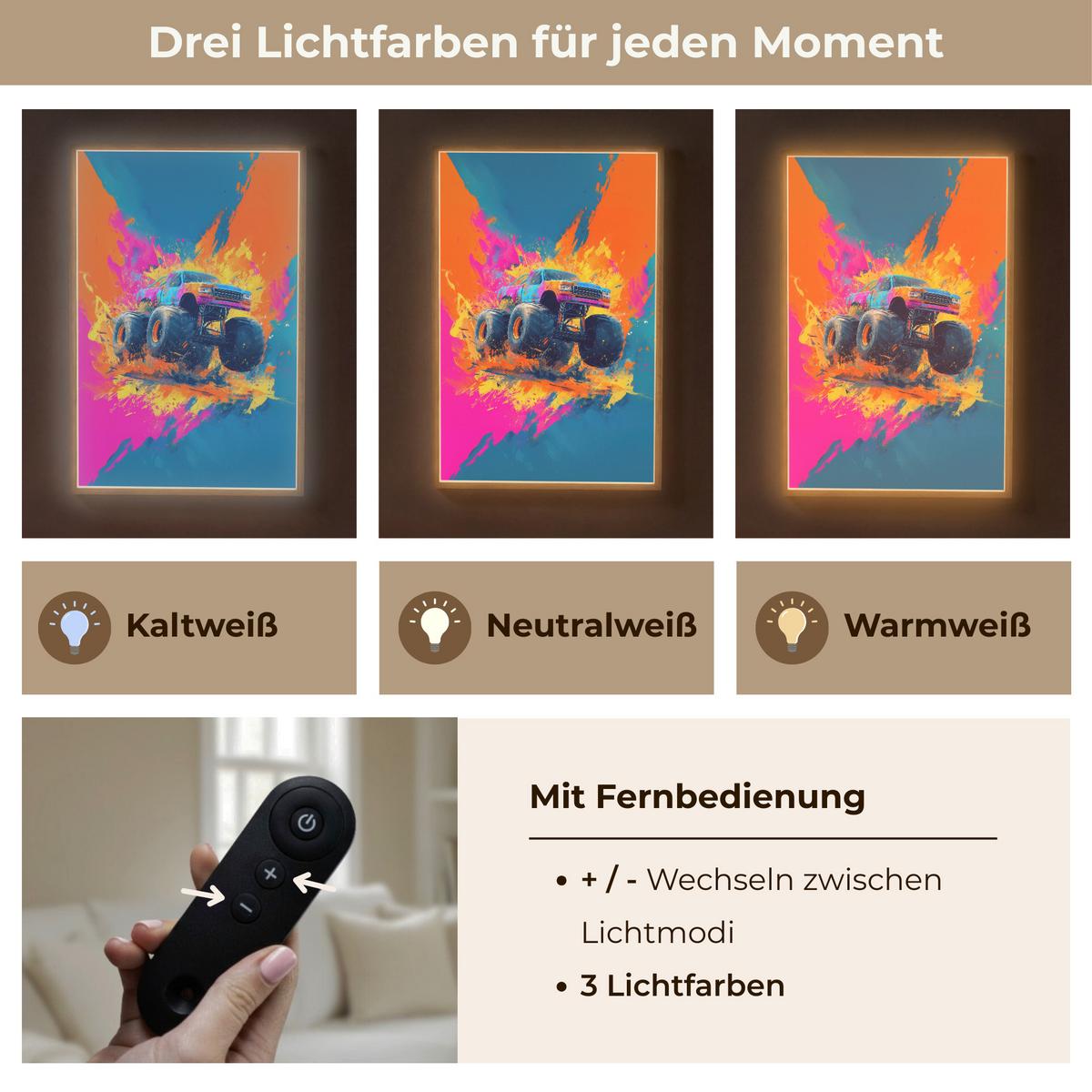 NACHTTISCHLAMPE MIT AKKU Monstertruck - Abstrakt - Farbspritzer - Farbenfroh 60x90 cm - Pink, Holzwerkstoff (8/60/90cm) - OnlyWow