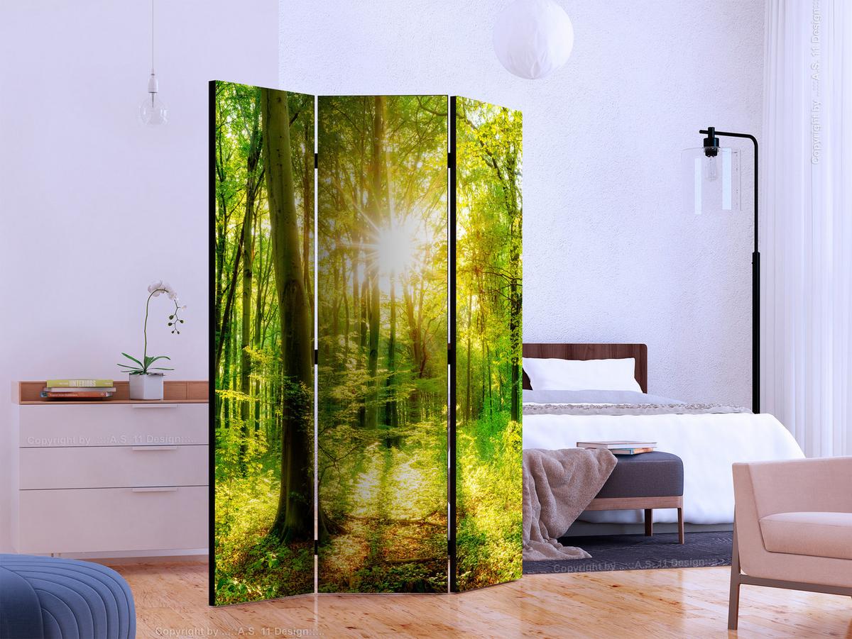 PARAVENT Beidseitig Bedruckter 3-tlg 135x172 cm Sonnenstrahlen im Wald - Grün, Holz/Textil (135/172/3cm) - Muralo