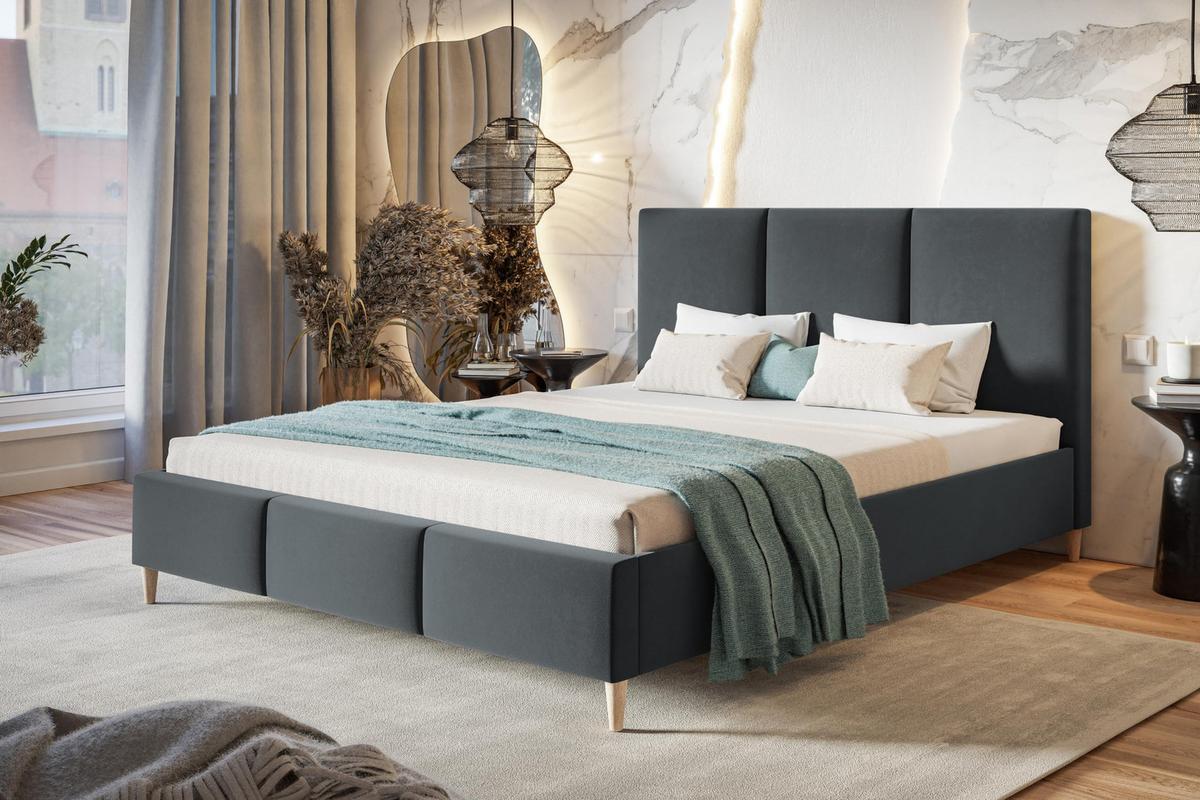 POLSTERBETT LUX Siena mit Kopfteil, 160 x 200 cm, Doppelbett mit Lattenrost aus Holz, Velourstoff Dunkelgrau, Füße in Farbe: Braun - Dunkelgrau, Holz/Textil (160/200cm) - Alpi-Möbel