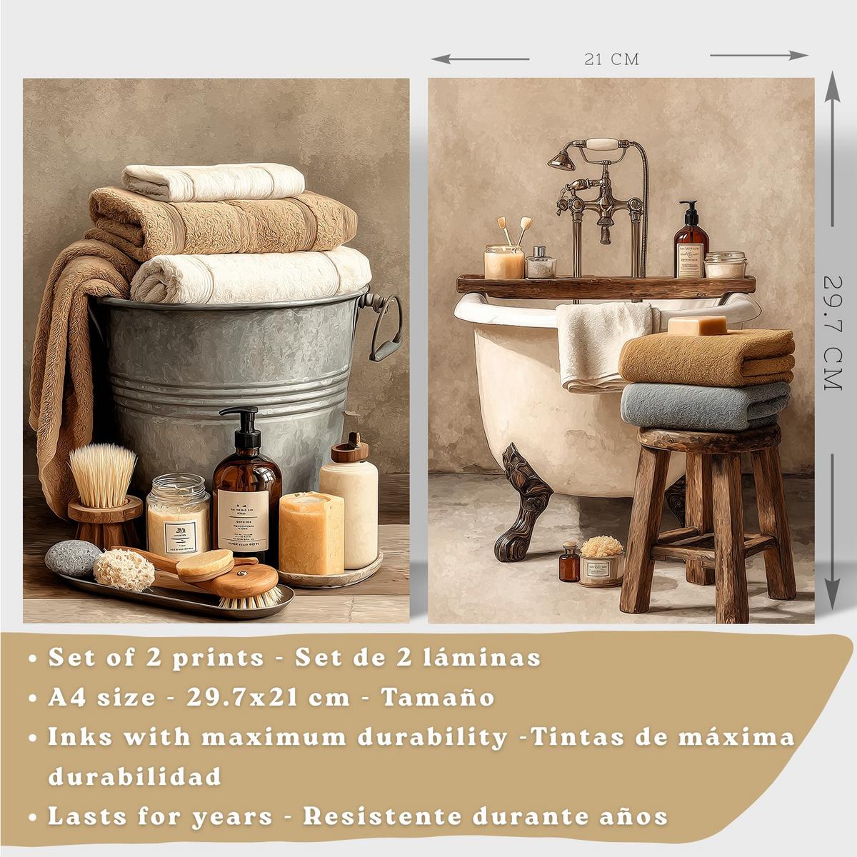 POSTER 2er-Set dekorative Badezimmerdrucke, rustikaler Stil, Vintage-Spa-Bilder mit Handtüchern und Badewanne,, Wohndekoration Weißer Rahmen A4 - Weiß, Papier (29.7/21/3cm) - Nacnic