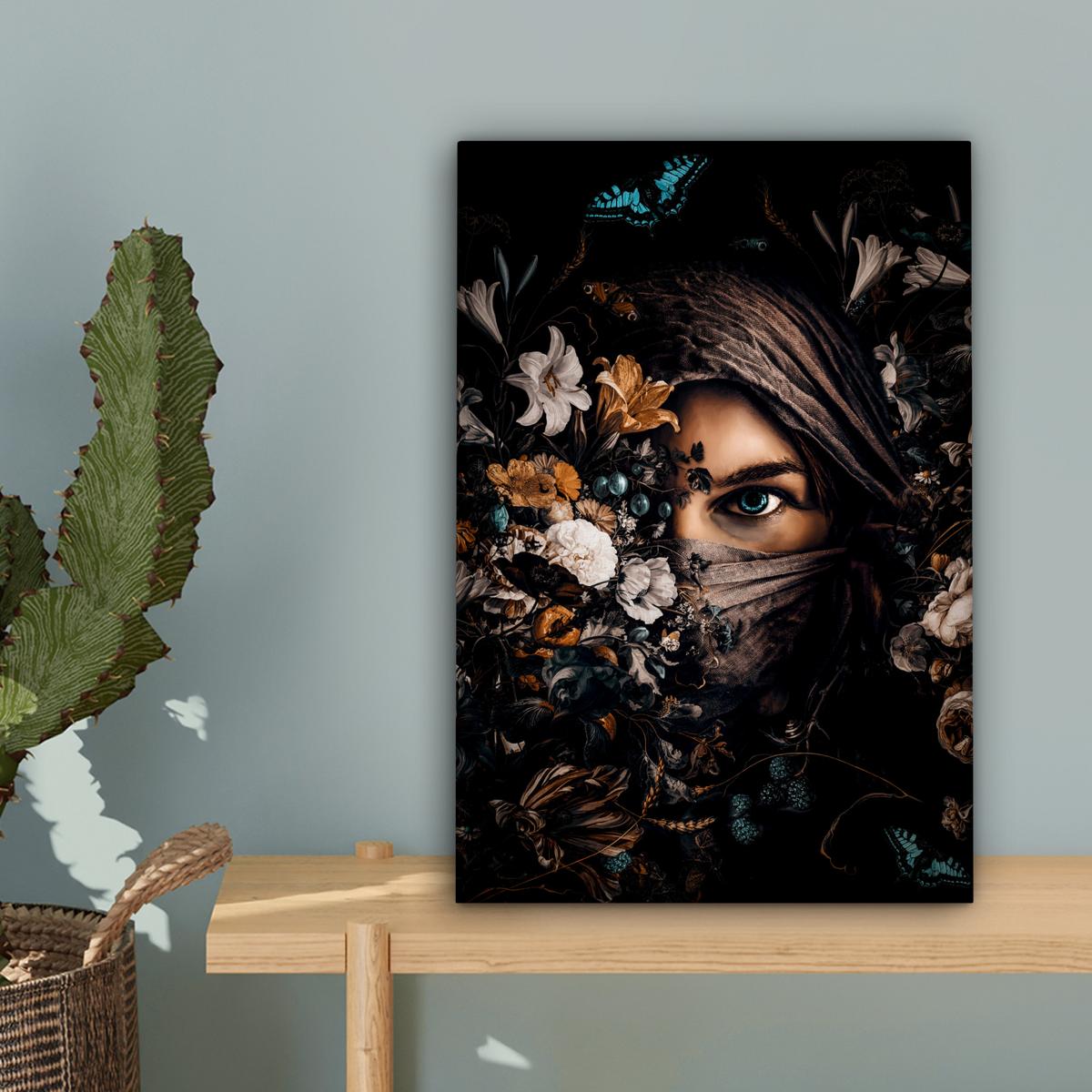 LEINWANDBILD Frau - Luxus - Blumen - Schmetterling - Porträt Deko Wohnzimmer 20x30 cm - Schwarz, Textil (20/30cm) - MuchoWow