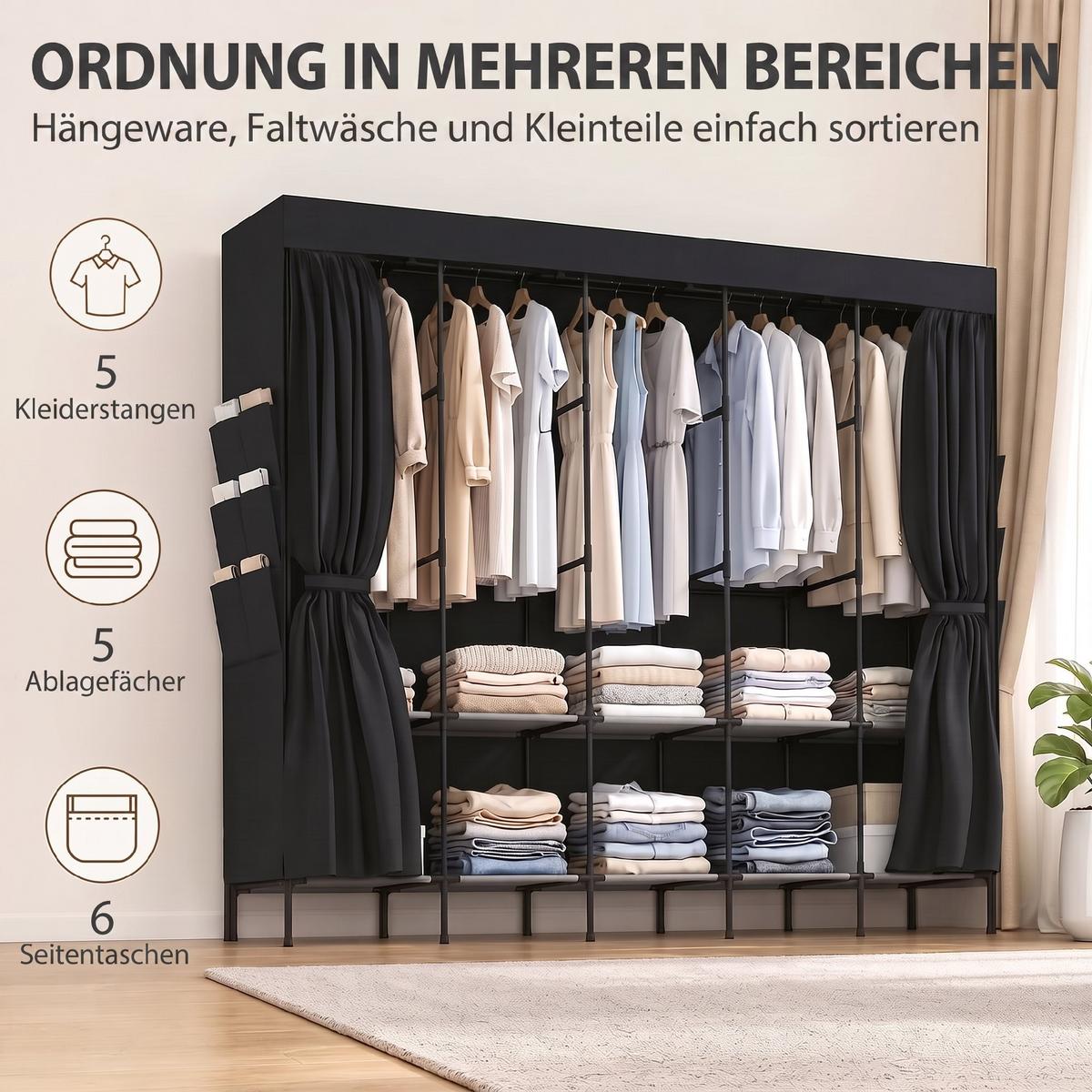 STOFFSCHRANK Stahl Vliesstoff Schwarz - Schwarz, Textil/Metall (45/167/212cm) - HOMCOM