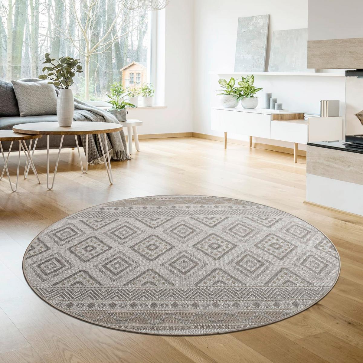 FLACHWEBTEPPICH, mit Rautenmuster, aus Polypropylen, Beige, Ø 120 cm - Beige, Textil (120/120cm) - KADIMA DESIGN