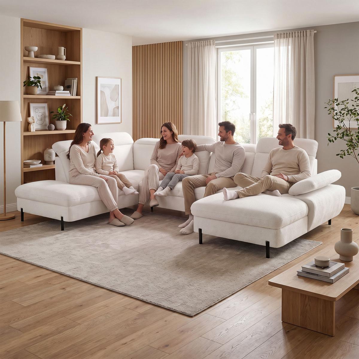 WOHNLANDSCHAFT Sora U mit Schlaffunktion und verstellbarer Sitztiefe, Kopfstützen und Armlehne, 365 cm, Hellbeige, Rechts - Beige/Schwarz, Textil (365/107/235cm) - Beautysofa