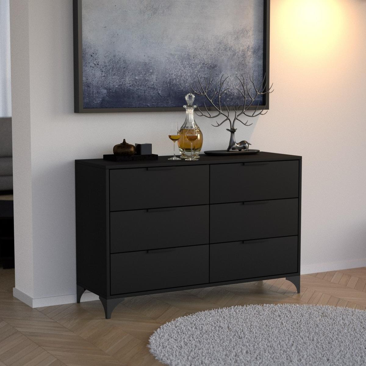 KOMMODE Home mit 6 Schubladen, 120 cm, mit Griffen, Schwarz - Schwarz, Holzwerkstoff (120/80/40cm) - Beautysofa