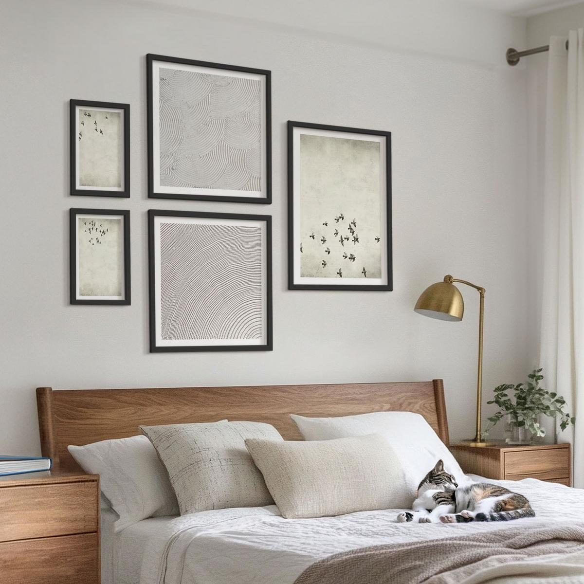 BILDER SET 5er Set - 50x50 cm & 20x30 cm & 40x60 cm Schwarzer Rahmen - Minimalistische Vogelmalerei - Schwarz, Kunststoff (40/60cm) - TULUP