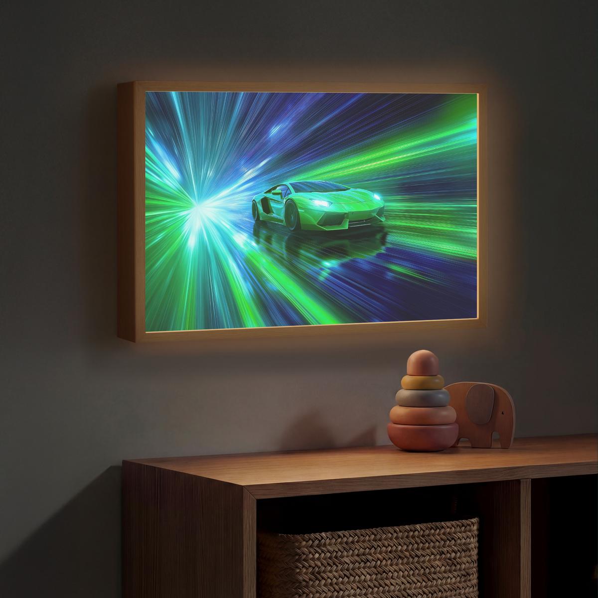 WANDLEUCHTE MIT AKKU Geschwindigkeit - Leicht - Sportwagen - Grün 60x40 cm - Grün, Holzwerkstoff (60/40/8cm) - OnlyWow