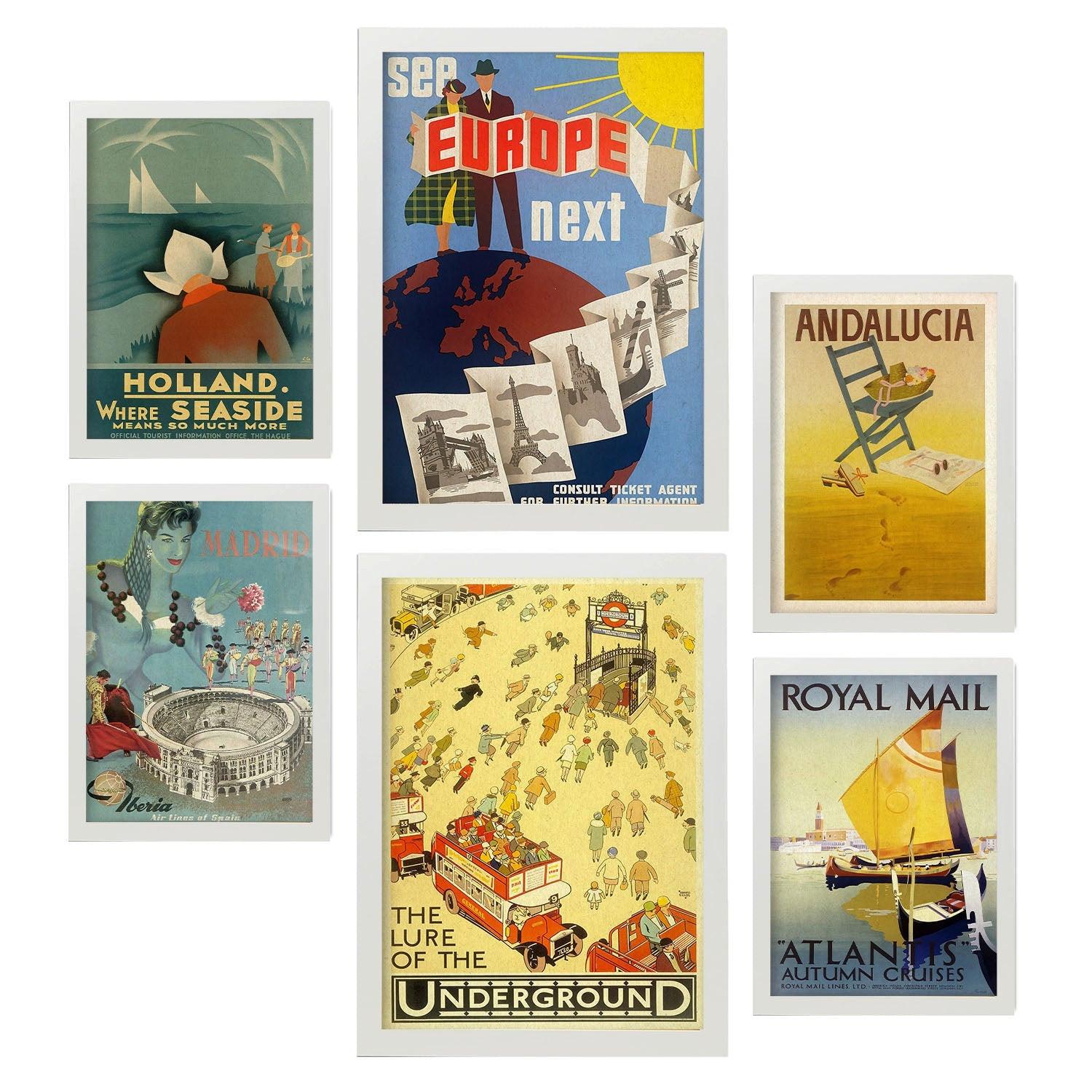 POSTER Set Mit 6 Europa Vollfarbige Illustrationen Von Vintage Tourismus Werbetafeln Aus Der Ganzen Welt Innenarchitektur A3 & A4 Weißer Rahmen - Weiß, Papier (29/3cm) - Nacnic