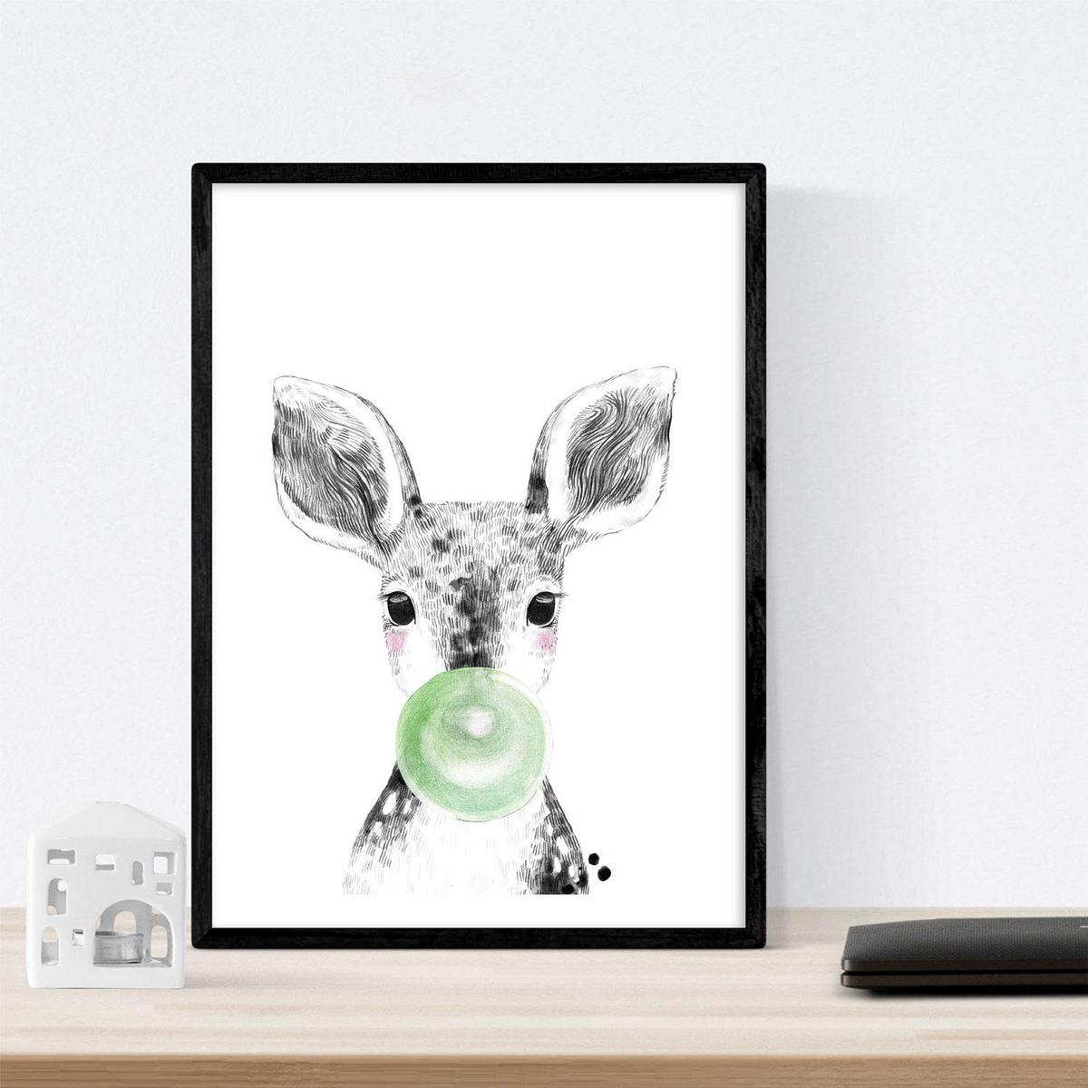 POSTER Set Mit 6 Tiere Babys Mit Kaugummi Elefant Schweinefleischkaninchen Kuh Fuchshund A4 Schwarzer Rahmen - Schwarz, Papier (29/3cm) - Nacnic