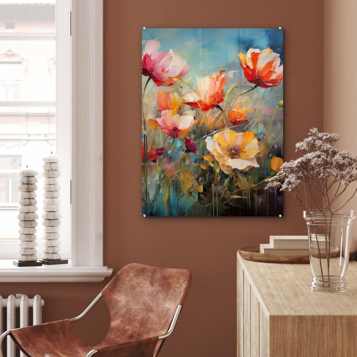 ACRYLGLASBILD Blumen - Aquarell - Kunst - Botanisch - Natur 60x80 cm - Orange, Glas (60/80cm) - MuchoWow