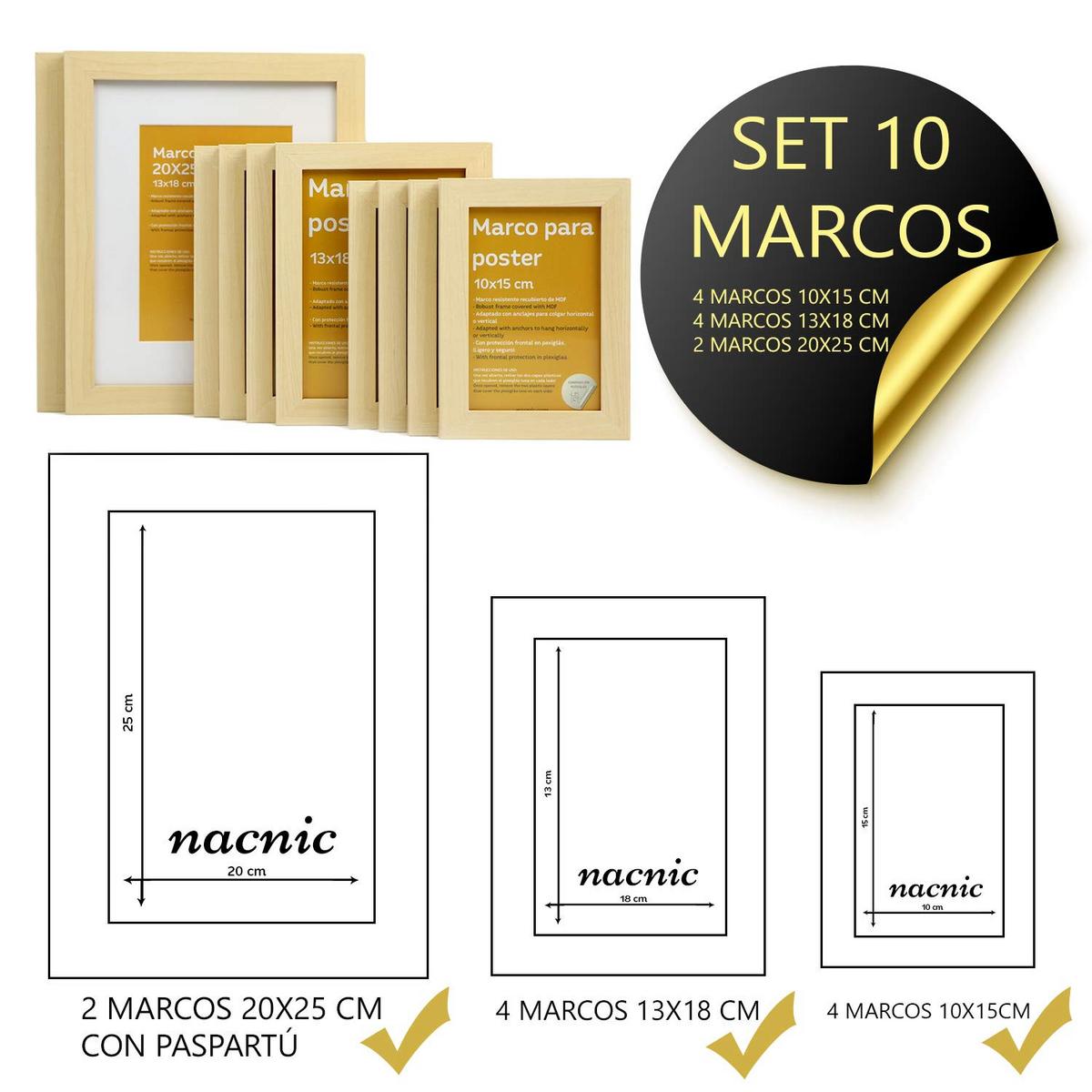 RAHMEN Set mit 10 aus MDF und Acrylglas Schutz und Aussteller für Fotografien, Bilder, Poster, Gemälde Farbe Hellholz 20x25, 13x18, 10x15 cm - Beige, Holz (20/3cm) - Nacnic