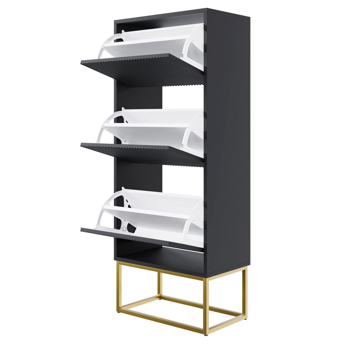 SCHUHSCHRANK Veldio mit 3 Klappen Schwarz mit goldenem Metallgestell 50 cm - Goldfarben/Schwarz, Holzwerkstoff/Metall (50/125/30cm) - Selsey
