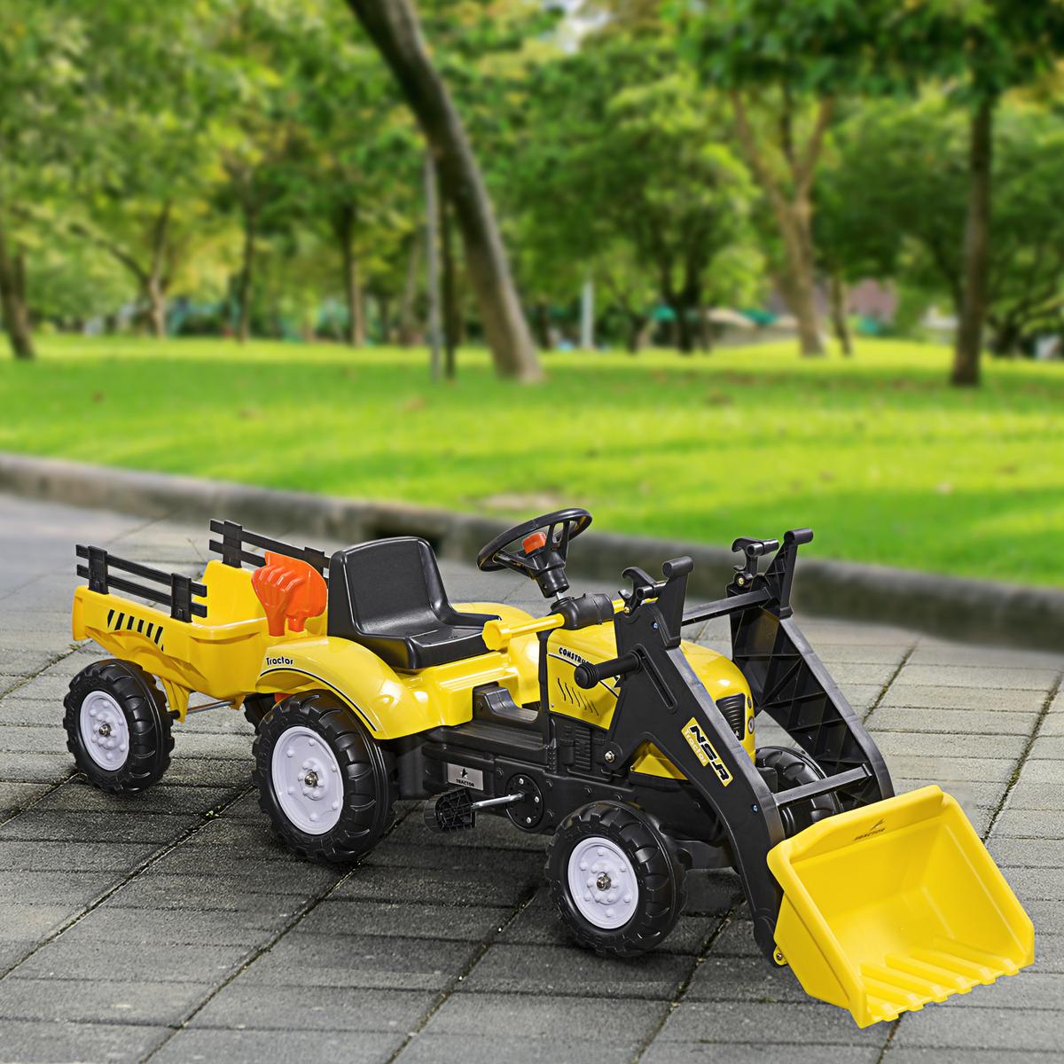 TRETTRAKTOR mit Anhänger Tretauto und Anhänger Traktor ab 3 Jahre Kinder - Gelb, Metall (167/41/52cm) - HOMCOM