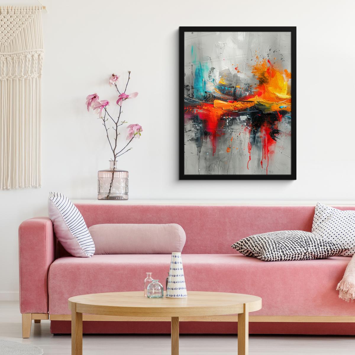 POSTER MIT RAHMEN Moderne Kunst - Orange - Grau - Abstrakt Posterleiste 60x80 cm - Hellgrau, Papier (60/80cm) - MuchoWow