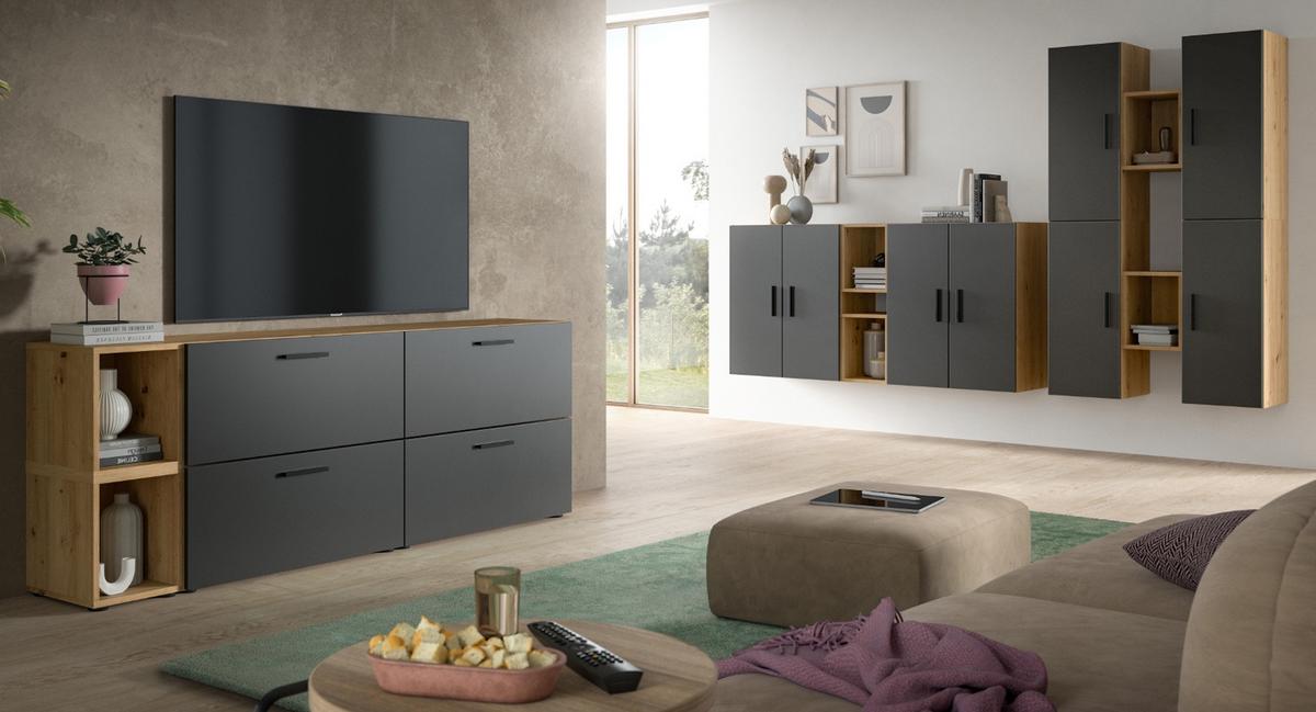 WOHNWAND grau, Eiche Artisan 259 x 184 cm, Wohnkombination hängend / stehend - Schwarz/Eiche Artisan, Holzwerkstoff/Kunststoff (259/151/34cm) - Inn.Furn