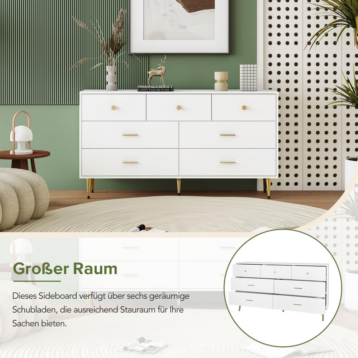 SIDEBOARD mit 6 Schubladen und Goldenen Akzenten, 140/35/76cm - Weiß, Holzwerkstoff/Metall (140/76/35cm) - Urban Meuble
