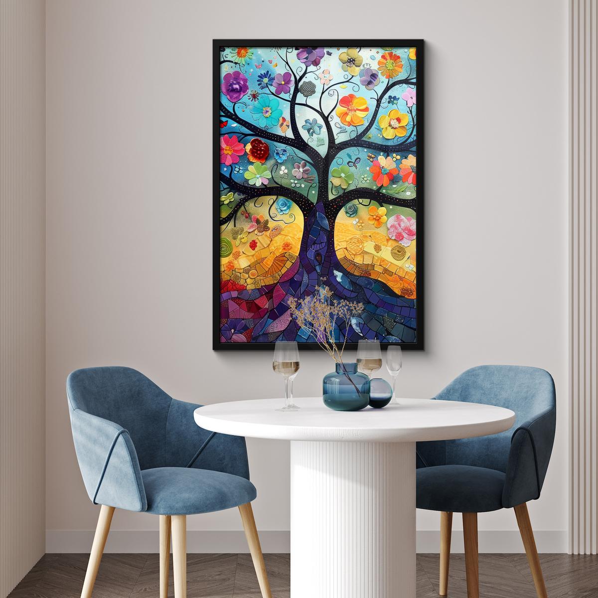 POSTER MIT RAHMENGERAHMTES BILD Kunst - Baum des Lebens - Blumen - Hippie 60x90 cm - Dunkelblau, Papier (60/90cm) - MuchoWow