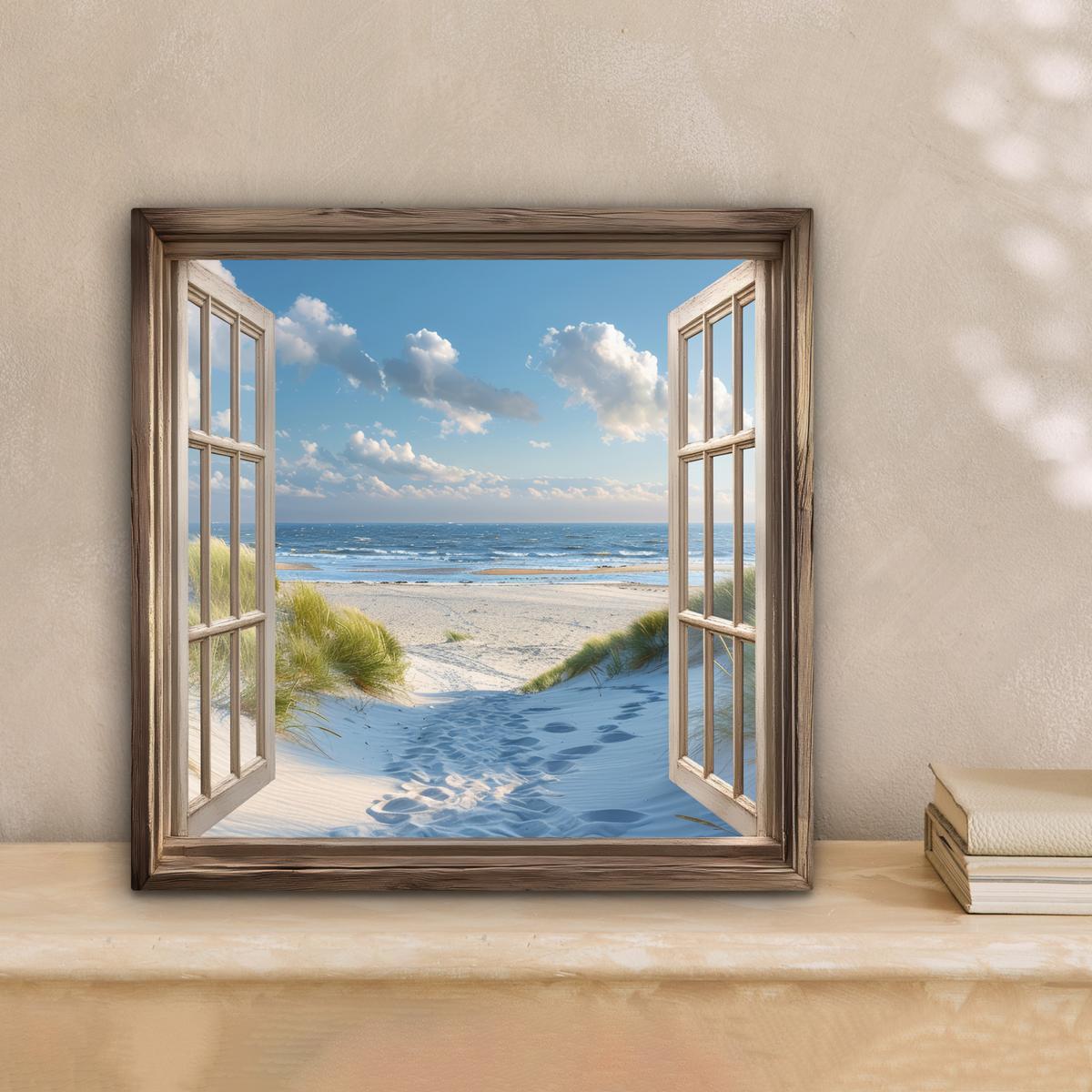 LEINWANDBILD Aussicht - Strand - Fenster - Dünen - Meer Deko Wohnzimmer 20x20 cm - Hellblau, Textil (20/20cm) - MuchoWow