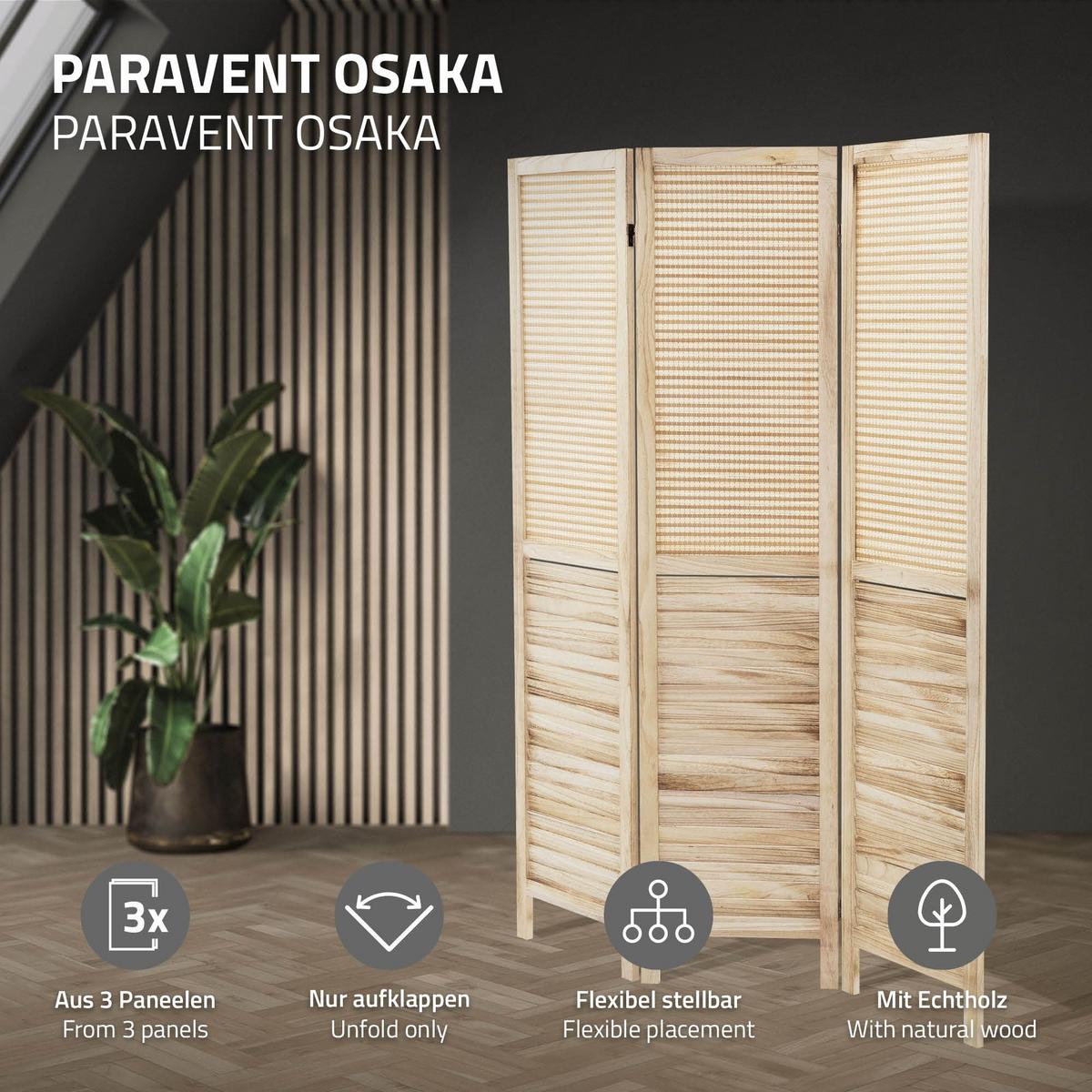 PARAVENT 3 teilig Osaka 170x121 cm Natur aus Holz - Braun, Holz (121/170/2cm) - ML-DESIGN