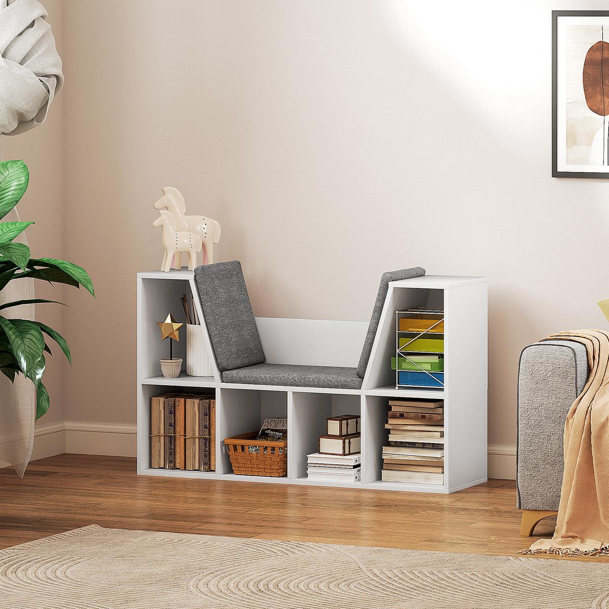 BÜCHERREGAL mit Sitzkissen, Aufbewahrungsregal mit 6 Fächern, Leinenoptik, Weiß - Weiß/Grau, Holzwerkstoff/Textil (105/63/30cm) - HOMCOM