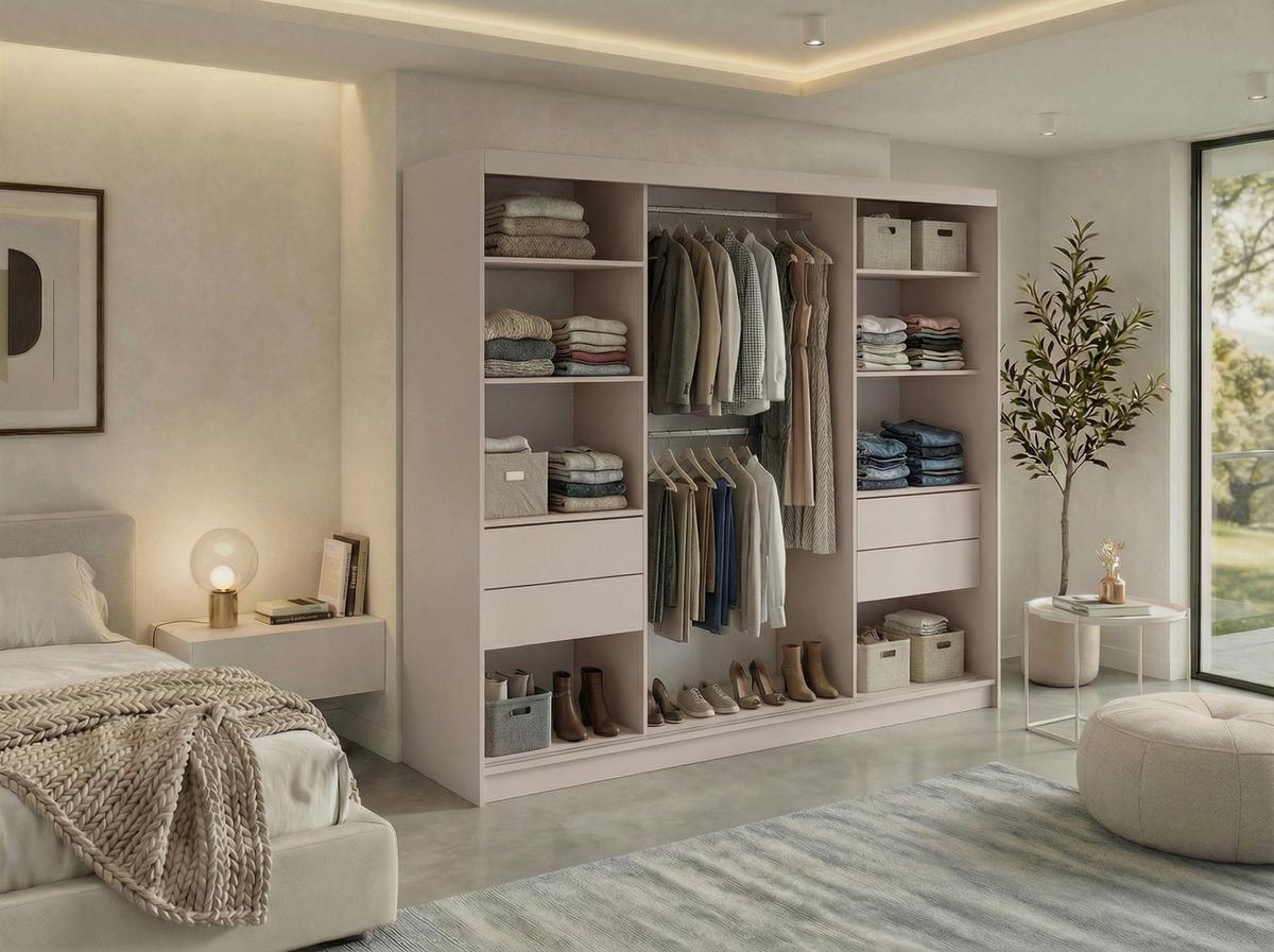 SCHWEBETÜRENSCHRANK mit Schubladen 240 - VERONA - Kaschmir mit Spiegel - Kaschmir/Alufarben, Holzwerkstoff/Metall (240/216/61cm) - MKS