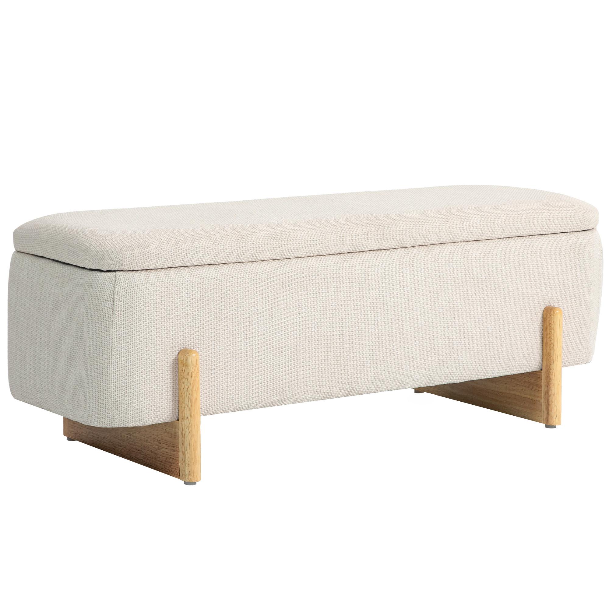 TRUHENBANK mit Leinenoptik, Holzbeine, Creme - Buchefarben/Creme, Kunststoff/Buchenholz (44/44.5/111cm) - HOMCOM