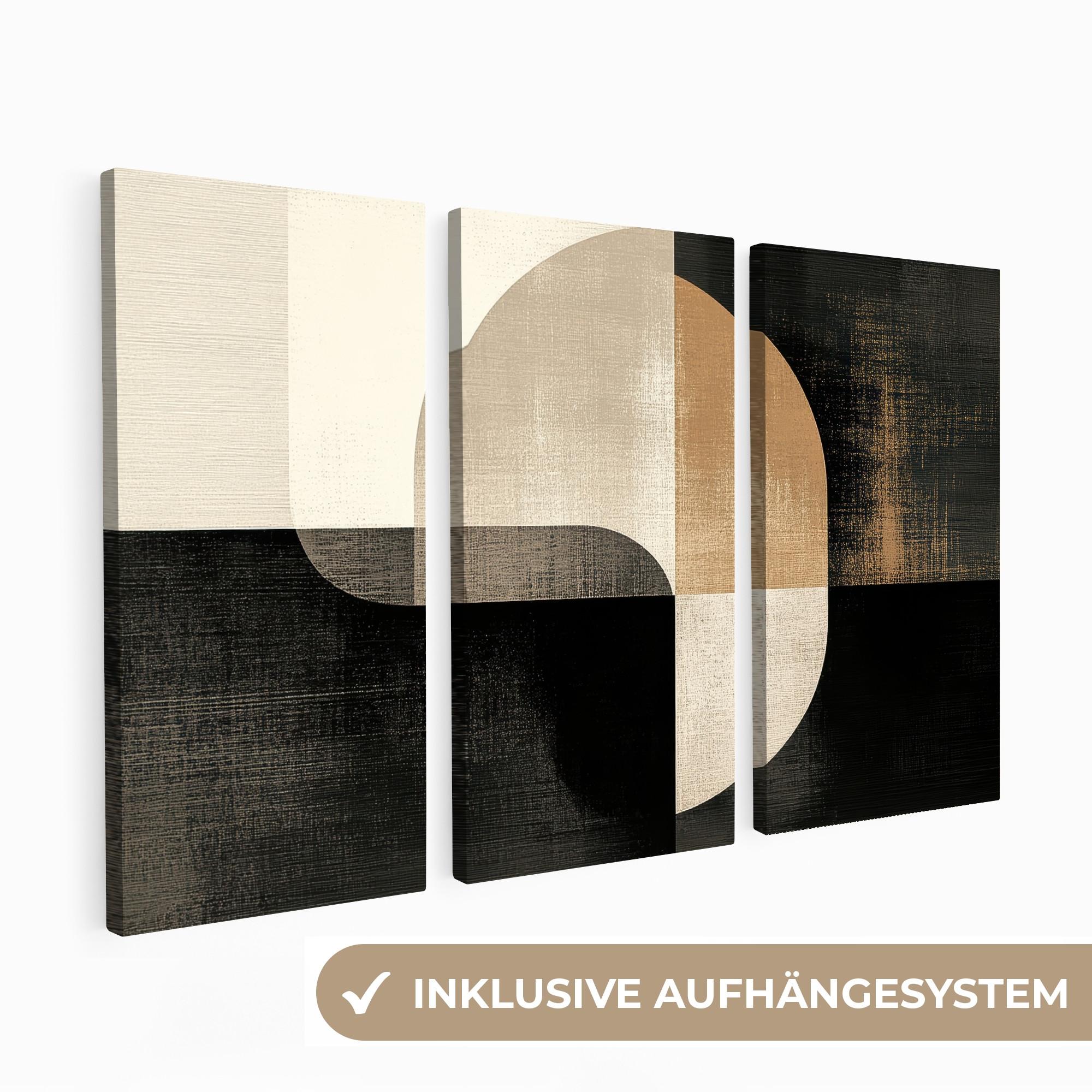 LEINWANDBILD 3er Set Formen - Abstrakt - Gold 90x60 cm - Schwarz, Textil (90/60cm) - MuchoWow