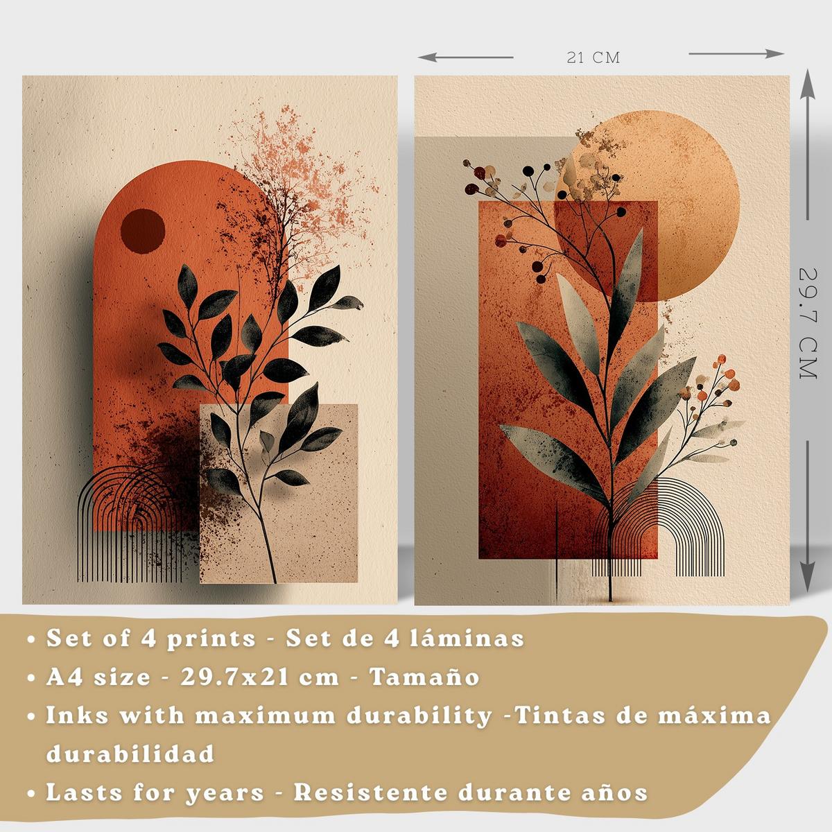 POSTER 4er Kunstdruck-Set Wandbilder Blumen Abstrakt Rot Orange modern Wohnzimmer Deko, Schlafzimmer, Küche, Badezimmer Rahmenlos A4 - Schwarz, Papier (29.7/1/21cm) - Nacnic